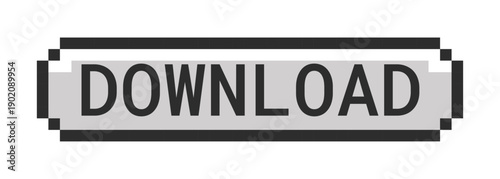 Download monochrome pixel art button. File transfer. Content saving. Software downloading. Save app data. Grayscale retro UI. 8-bit style CTA. Pixelated 16bit web sticker. Roboto Mono font used