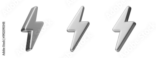 Silver 3D lightning bolt icon with chrome finish. Thunderbolt symbol for energy concepts, electric power designs, and futuristic digital graphics with metallic texture.
