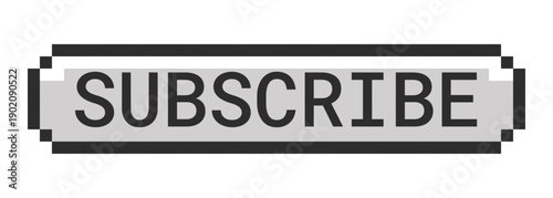 Subscribe monochrome pixel art button. Follow channel. New content instant alert. Stay updated. Viewer action. Grayscale retro UI. 8-bit style CTA. Pixelated 16bit web sticker. Roboto Mono font used