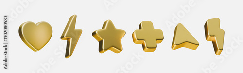 3D rendered cursor pointer with thunder flash and heart symbols. Glossy golden icons featuring geometric shapes, plus signs, and abstract elements for digital interface design.