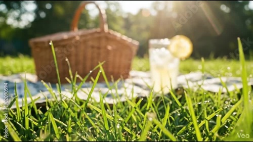 Gentle breeze making grass sway at a sunny picnic scene
