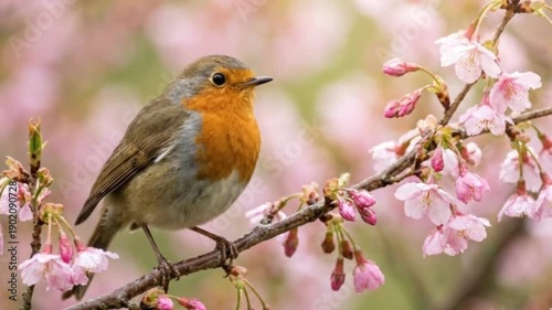 Bird singing on a branch surrounded by blooming cherry blossoms
