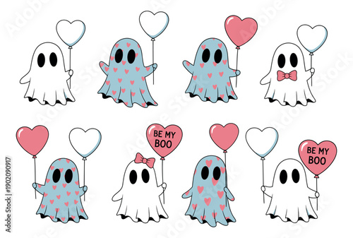 Cute hand drawn line art ghost character set featuring adorable ghosts holding various heart balloons for romantic celebrations