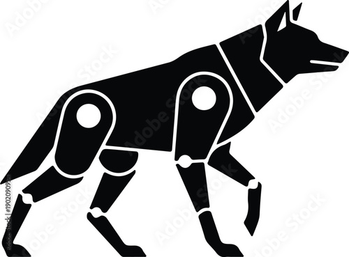 silhouette robotic wolf character with mechanical joints and parts vector design