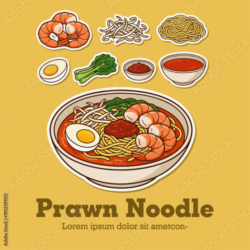 Traditional Malaysian spicy Prawn Noodle or Penang Hokkien Mee soup with shrimp, egg and water spinach vector illustration