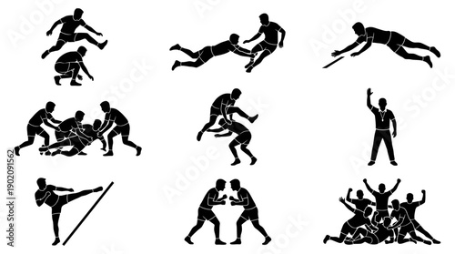 Kabaddi vector silhouette collection displaying dynamic player actions, acrobatic raids, intense group tackling, referee judgment, and team victory celebration piles