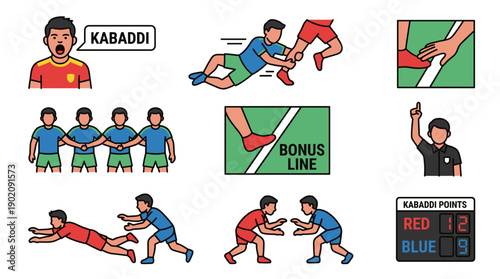 Kabaddi vector illustration set featuring match gameplay elements like bonus line, scoreboard, referee signal, raiding chant, and defense tackles for sports design