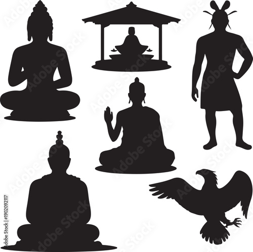 Black silhouettes of buddha and people with bird  spiritual and cultural icons