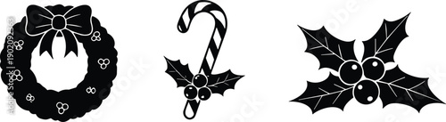 Black Christmas silhouette vector illustration, festive wreath with bow, candy cane with holly, and holly leaves with berries design art