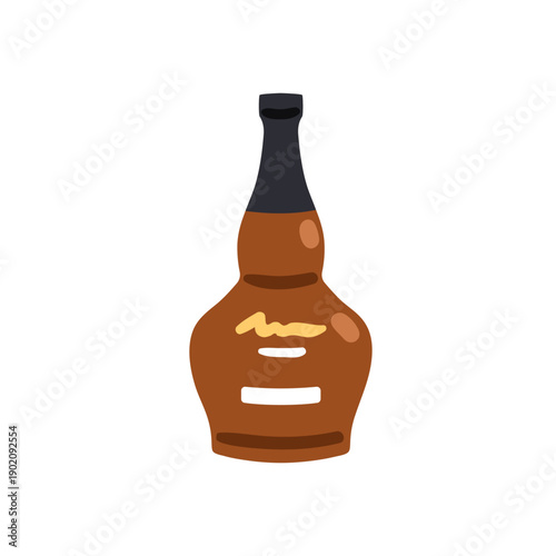 Vintage alcohol bottle. Liquor with premium label. Strong spirit, alcoholic bar drink. Whiskey, brandy beverage. Cognac in dark glass packaging. Flat vector illustration isolated on white background