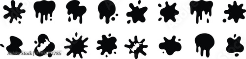 Abstract black ink blot vector set of eighteen unique splatter shapes in two rows, showcasing random artistic forms and psychological symbolism.