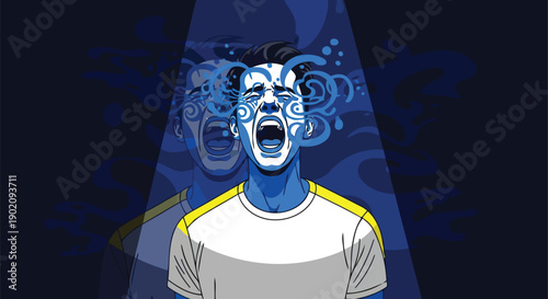 Stressed man screaming with headache and mental overload concept vector