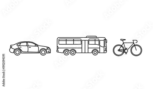 Car bus and bicycle transport thin line black icon vector isolated on white