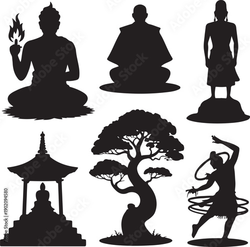 black silhouettes of people and trees on white background