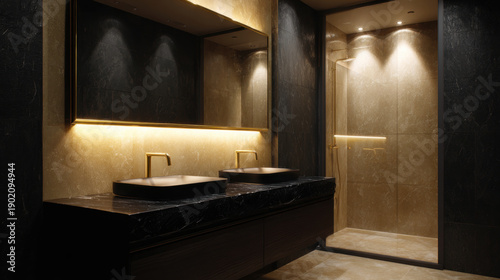 Modern bathroom interior with luxury dark stone wall and dual sinks with large mirror illuminated by warm light creating relaxing and peaceful mood