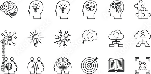 Brain and Mind Icons: Cognition, Thought Processes, Puzzles, and Synapses