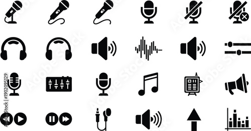 Audio and Media Icons: Microphones, Headphones, Sound Waves, and Volume Controls