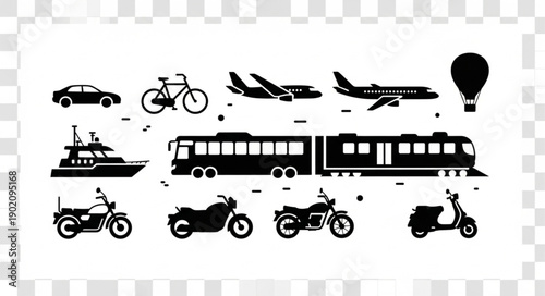 Collection of Transportation Silhouettes Isolated on White Background.