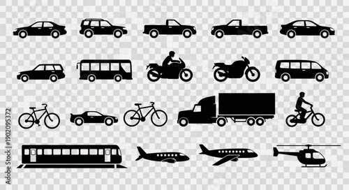 Collection of Transportation Silhouettes on Transparent Background.