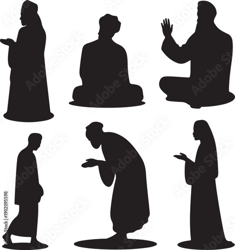 black silhouettes of people in various praying positions  isolated on white background