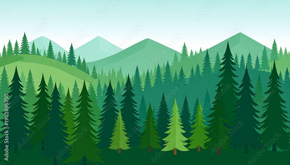 Fototapeta premium Lush green pine forest landscape with misty mountains and clear sky scenic view