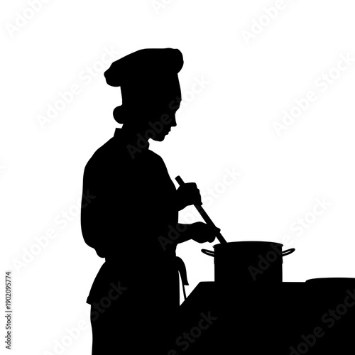 Black Silhouette Icon A female chef wearing a tall hat and stirring a pot, in a minimalistic silhouette style on a white background (2).jpg