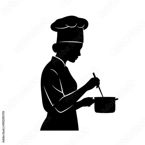 Black Silhouette Icon A female chef wearing a tall hat and stirring a pot, in a minimalistic silhouette style on a white background (3).jpg