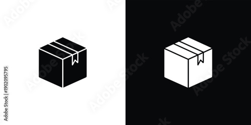 A 3D illustration of a white cardboard box with a label on a light gray background