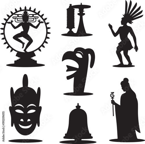 Black silhouettes of various cultural and mythological figures and objects