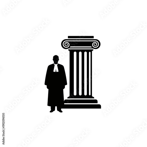 Black Silhouette Icon A lawyer in robes standing beside a large pillar, symbolizing justice, in a minimalistic silhouette style on a white background (2).jpg