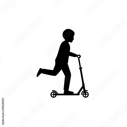 Black Silhouette Icon A little boy riding a scooter with one foot lifted, in a minimalistic silhouette style on a white background (2).jpg