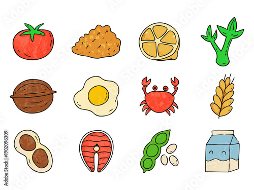Food Allergy Icons Set for Common Allergens Fruits Seafood Nuts Dairy
