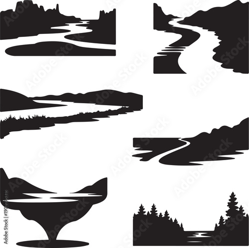 Black silhouettes of various landscapes with rivers and mountains