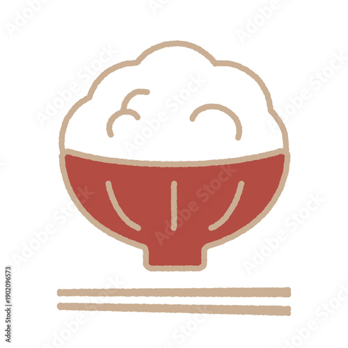赤い茶碗に盛られた白ごはんのシンプルでかわいいイラスト