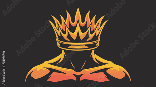 Muscular man wearing fiery crown on black background