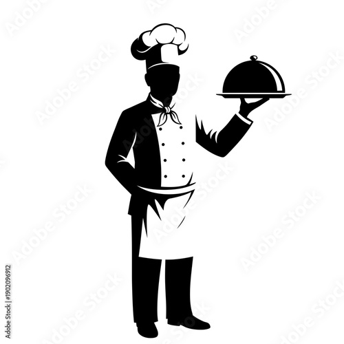 Black Silhouette Icon A professional chef holding a covered serving tray with one hand raised, in a minimalistic silhouette style on a white background (1).jpg