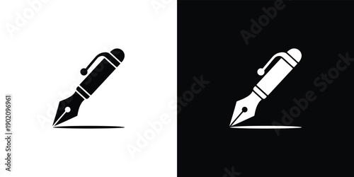 A white fountain pen nib writing on black background with subtle shadow