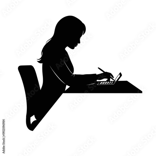 Black Silhouette Icon A professional woman sitting at a desk working on a calculator, in a minimalistic silhouette style on a white background (3).jpg
