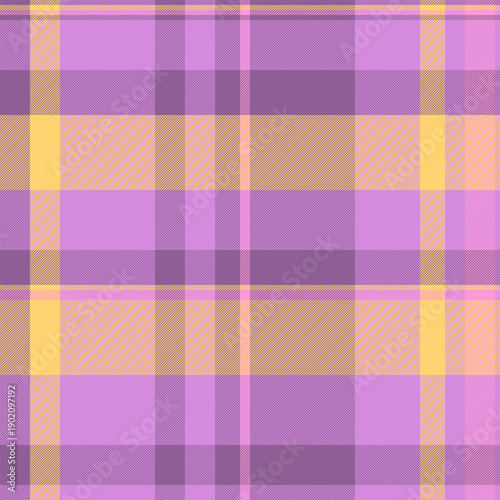 Ceremony background fabric seamless, graceful tartan check pattern. Regular texture plaid textile vector in purple and amber colors.