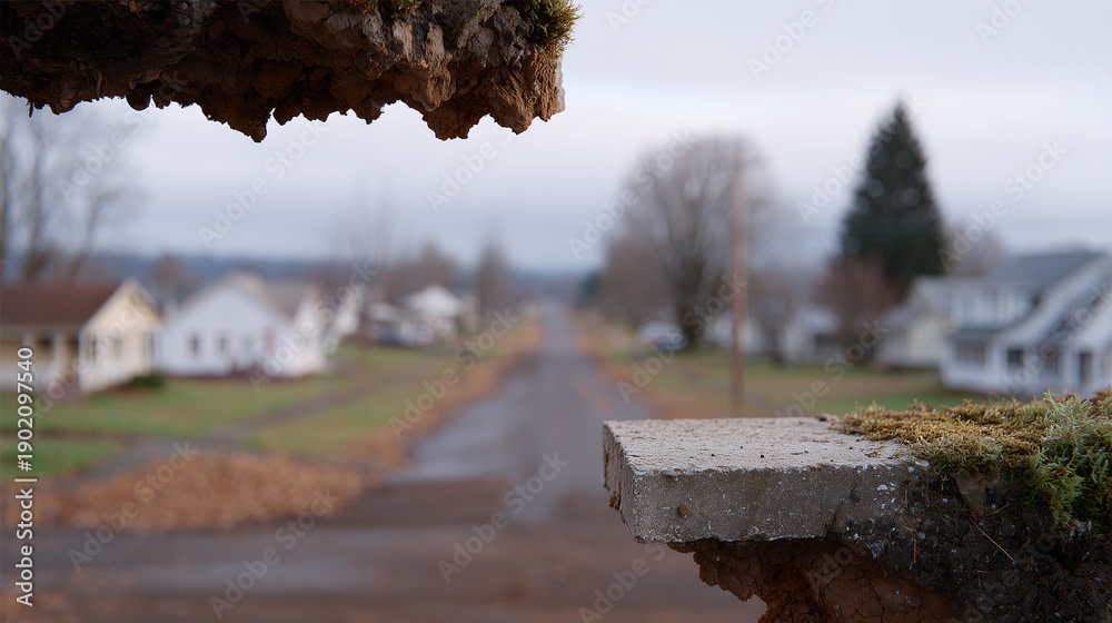 Fototapeta premium View through an opening with the edge of a concrete slab onto a distant village road and houses in perspective, autumn mood.