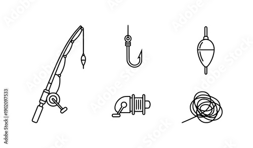 Fishing line vector icon set with editable strokes isolated on white background