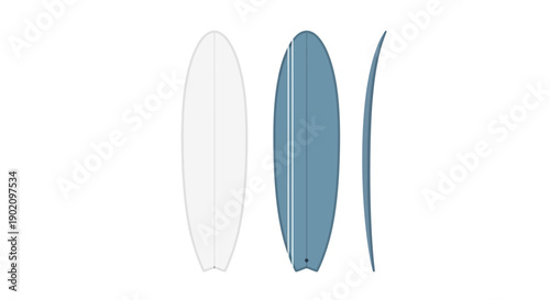 Vector surfboard mockup in white and blue, top and side view, isolated on white