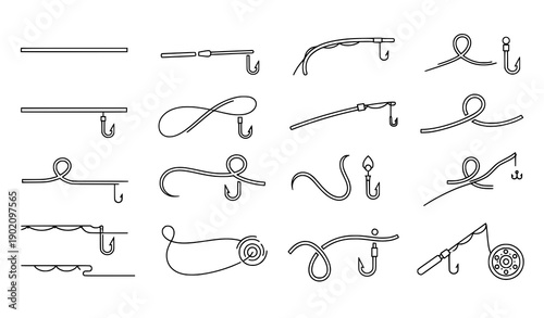 Minimal fishing line icons vector set with editable strokes
