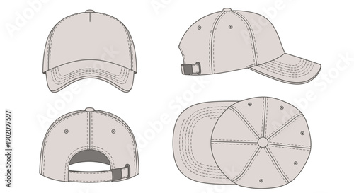 Baseball cap vector template, light grey blank sports hat mockup, front, back, side, and top views, isolated on white
