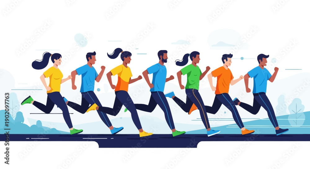 Obraz premium Diverse group of men and women running in a marathon or race, vector illustration for fitness, sport, health, and teamwork concepts