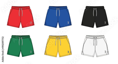 Vector athletic shorts set in red, blue, black, green, yellow, and white with drawstring and pockets, isolated on white