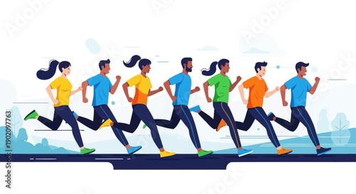 Diverse group of men and women running in a marathon or race, vector illustration for fitness, sport, health, and teamwork concepts