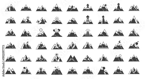 Mountain peak vector icon set. Black silhouette of snowy hills, volcano, sun, moon, and clouds for landscape, nature, adventure, or travel designs, isolated on white