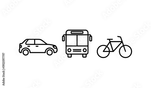 Black thin line car bus and bicycle transport icon set vector
