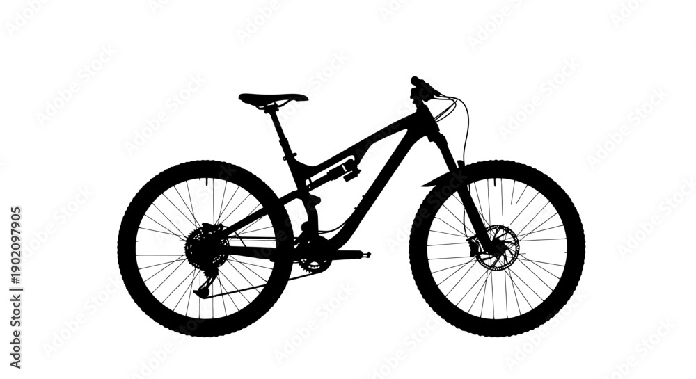 Fototapeta premium Mountain bike black silhouette vector illustration, full suspension MTB, isolated on white